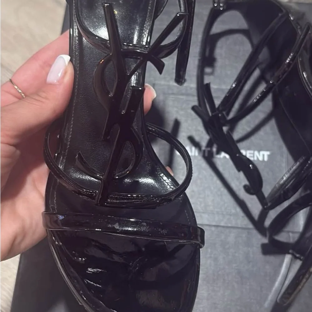 Saint Laurent Black Patent Leather Strappy Heels - Picture 2 of 3